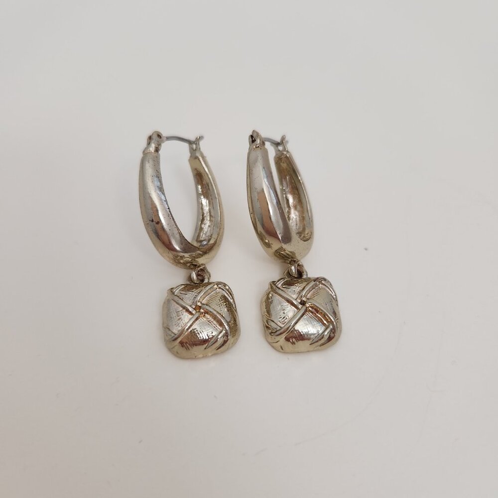Vintage Earrings Gold Tone Dangle Square Knot Latch Back Clasp Drop Hoop Event